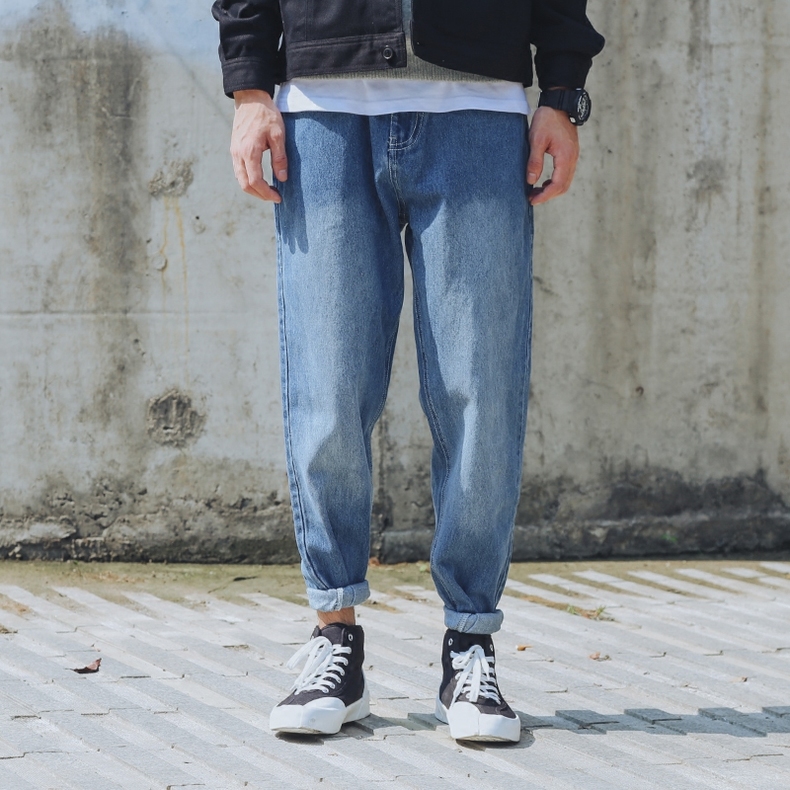 粗腿显瘦裤子男休闲阔腿,短腿男士阔腿束脚裤