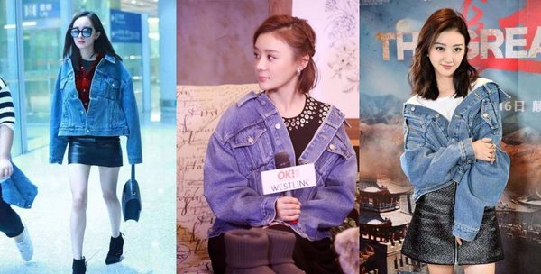 张翰热巴娜扎红裙撞衫,撞衫牛仔外套