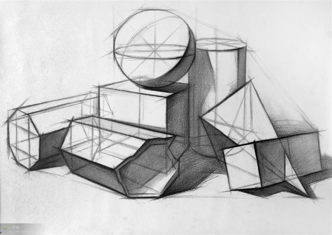 写生素描石膏几何体教学,几何体组合写生素描石膏构图教程