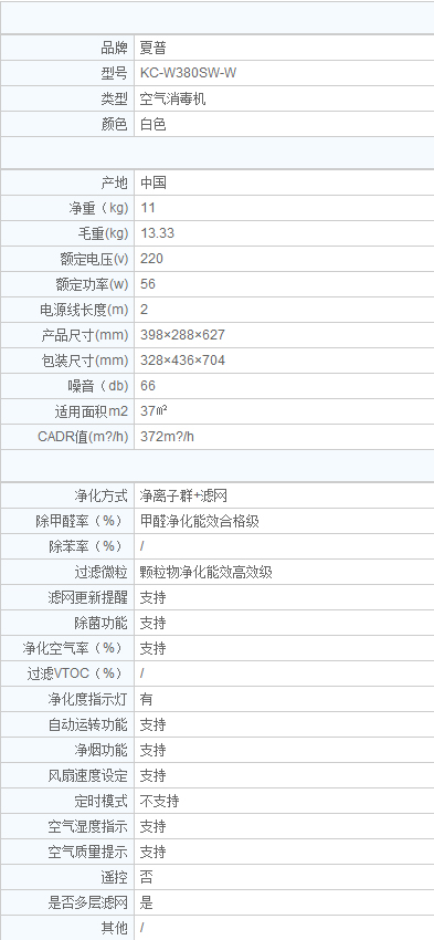夏普380w空气净化器,夏普w380空气消毒机