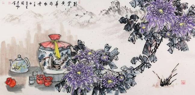 朴喆国画菊花作品欣赏,菊花罐子写意国画欣赏