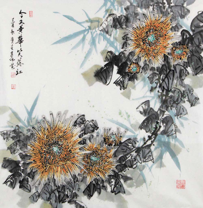 朴喆国画菊花作品欣赏,菊花罐子写意国画欣赏