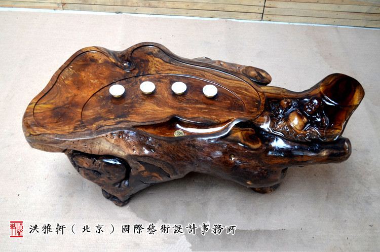 鸡翅木根雕茶台翻新完工,实木树根雕茶几