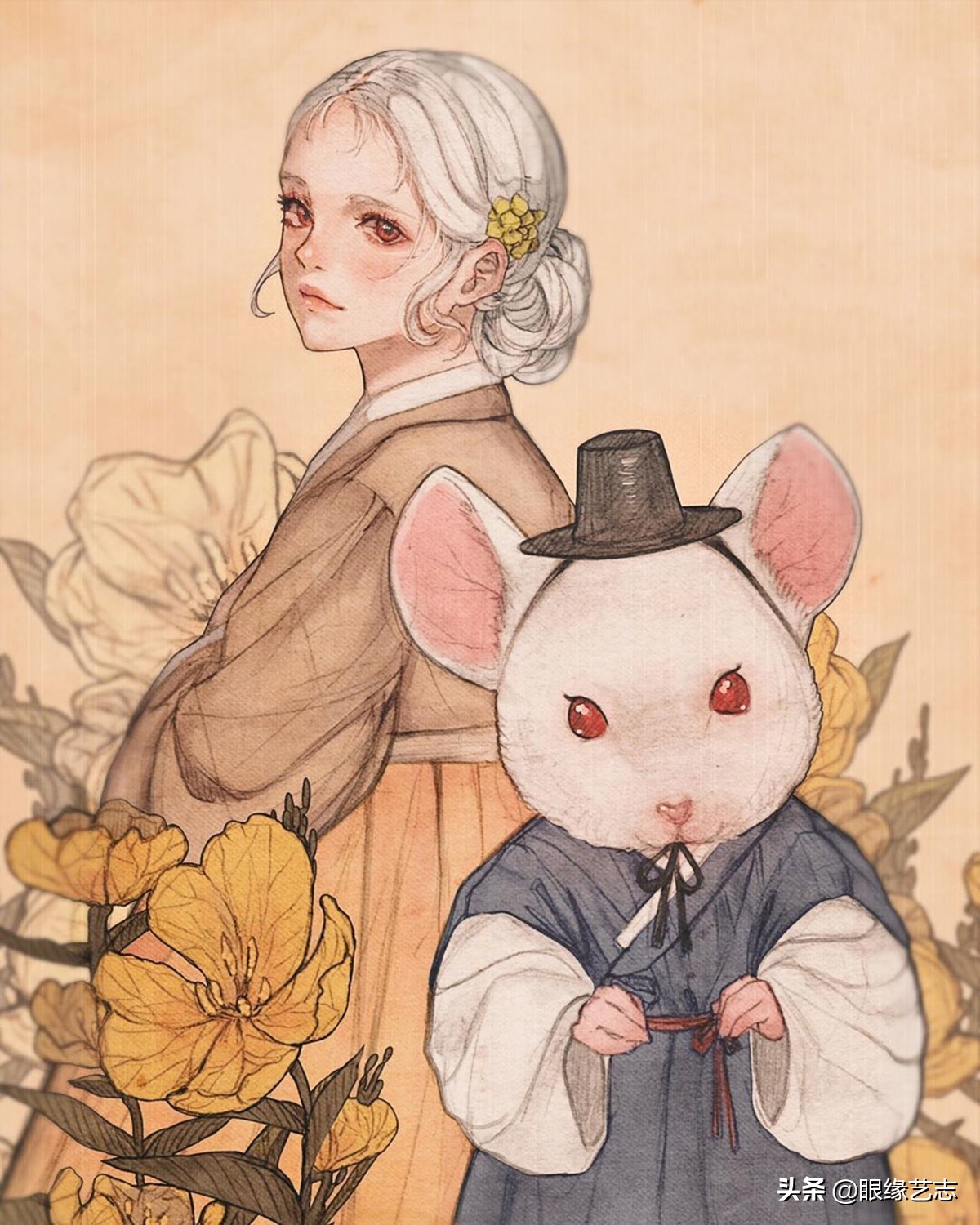 韩式穆夏风插画,韩国传统服饰插画