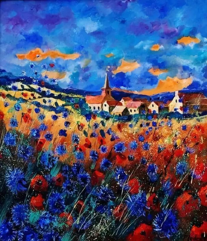 诗意油彩让人沉醉的蓝色矢车菊