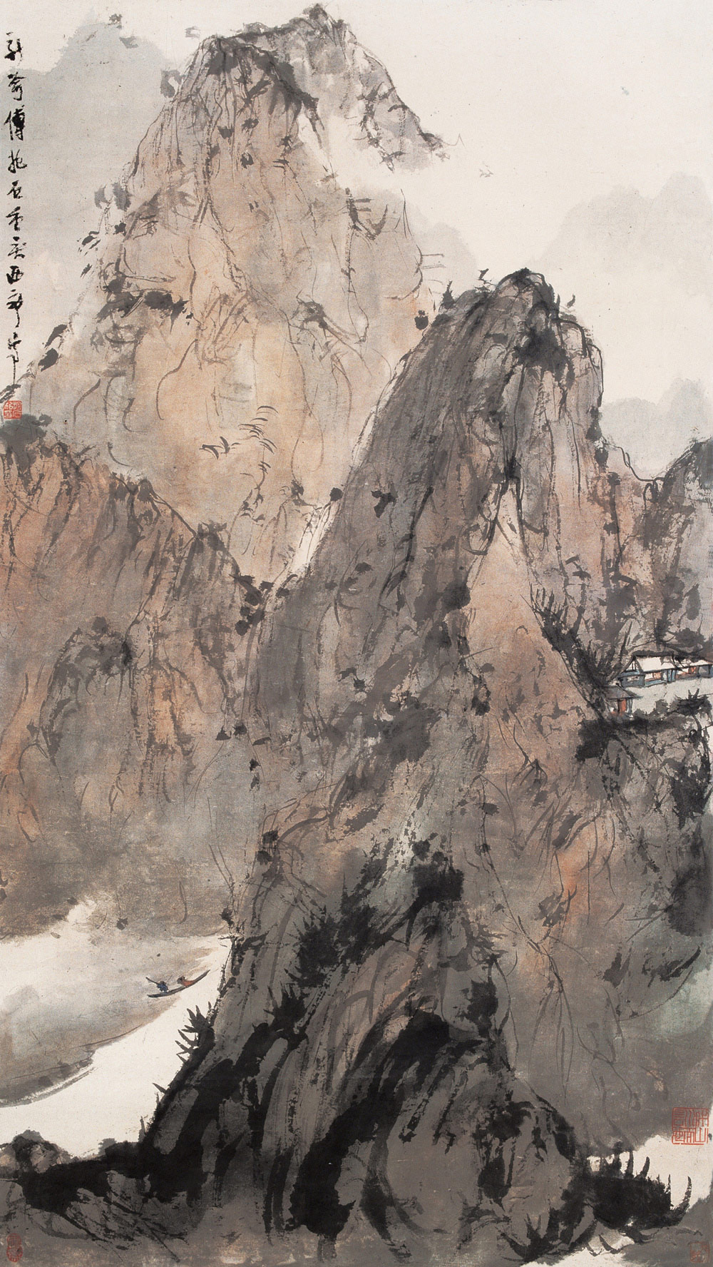 傅抱石创作国画天女散花图,傅抱石的国画作品《一望大江开》