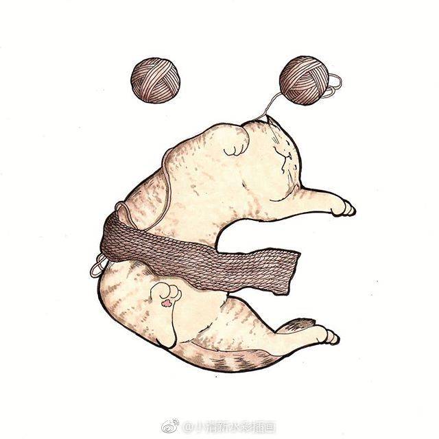 一组超萌的猫咪铅笔画,日本很火的可爱猫咪插画