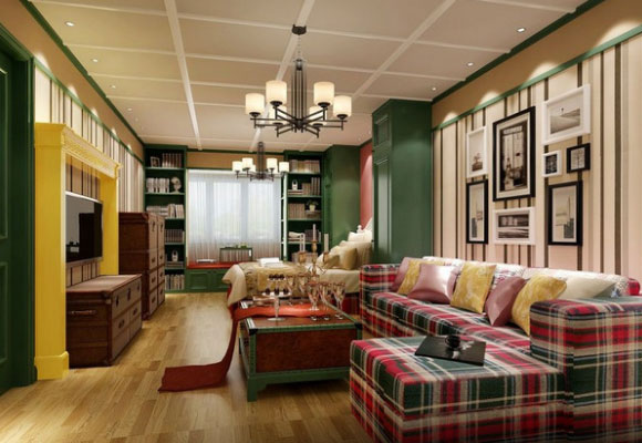 色彩搭配稍显花哨的美式风格装修，床头两侧装柱子格外实用！