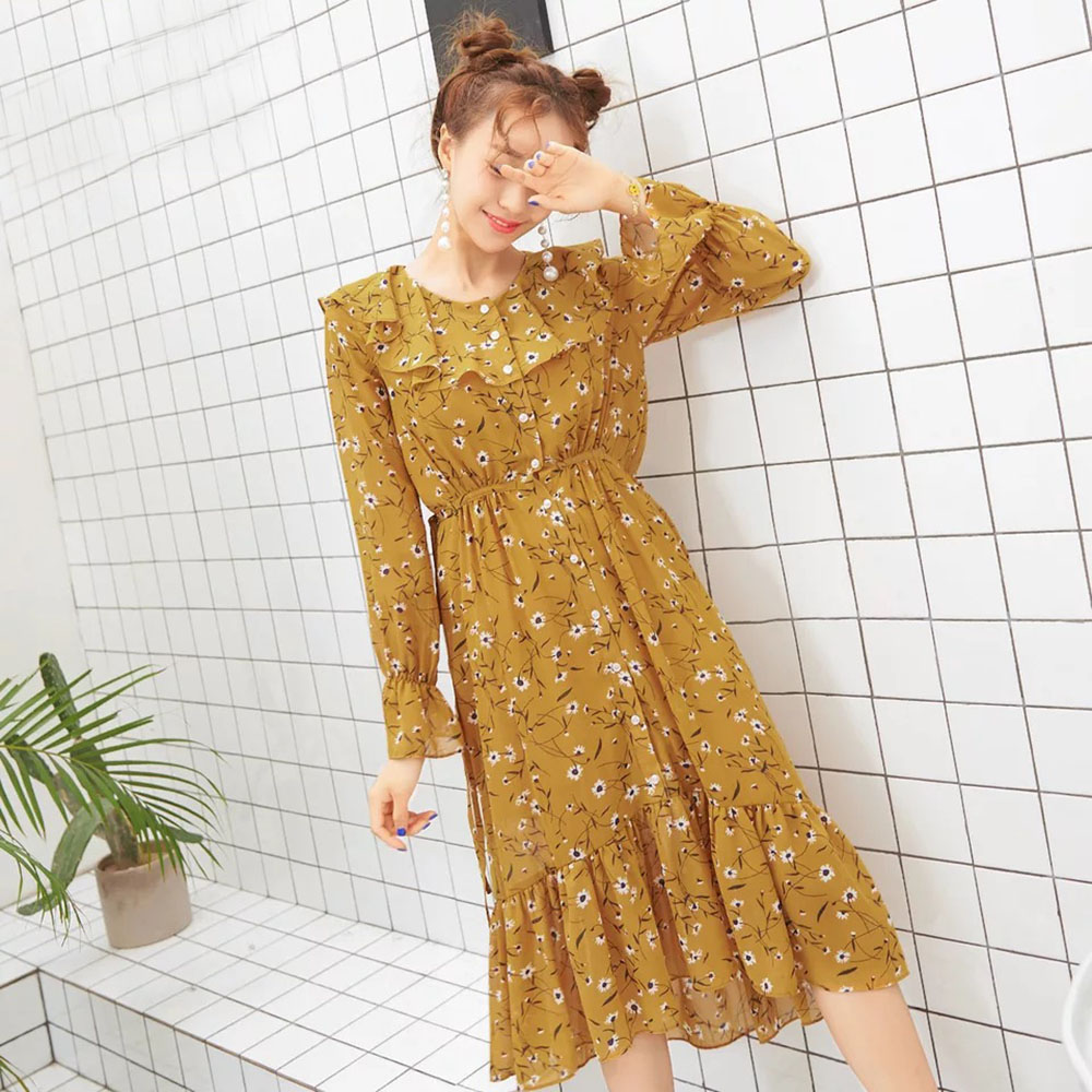 黄色碎花连衣裙搭配技巧,莫奈花园法式黄色碎花连衣裙
