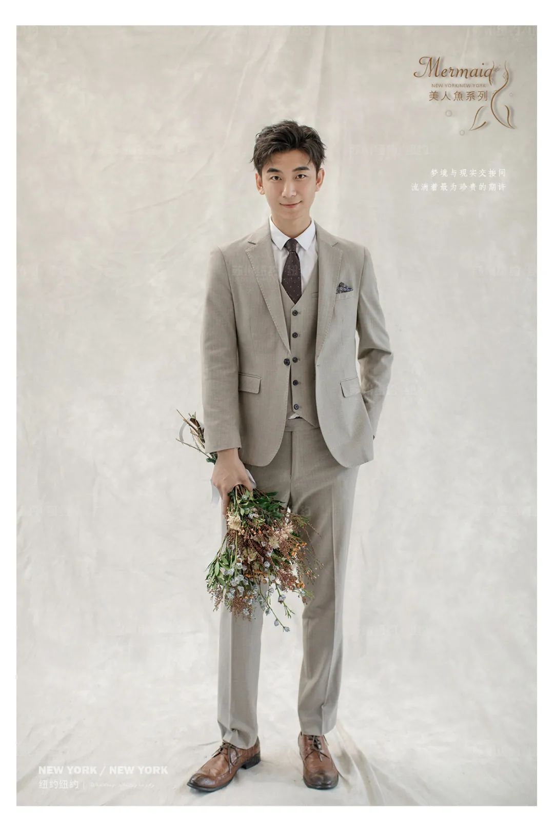 白色蝴蝶结油画婚纱照,森系油画风格婚纱照不戴帽子戴花