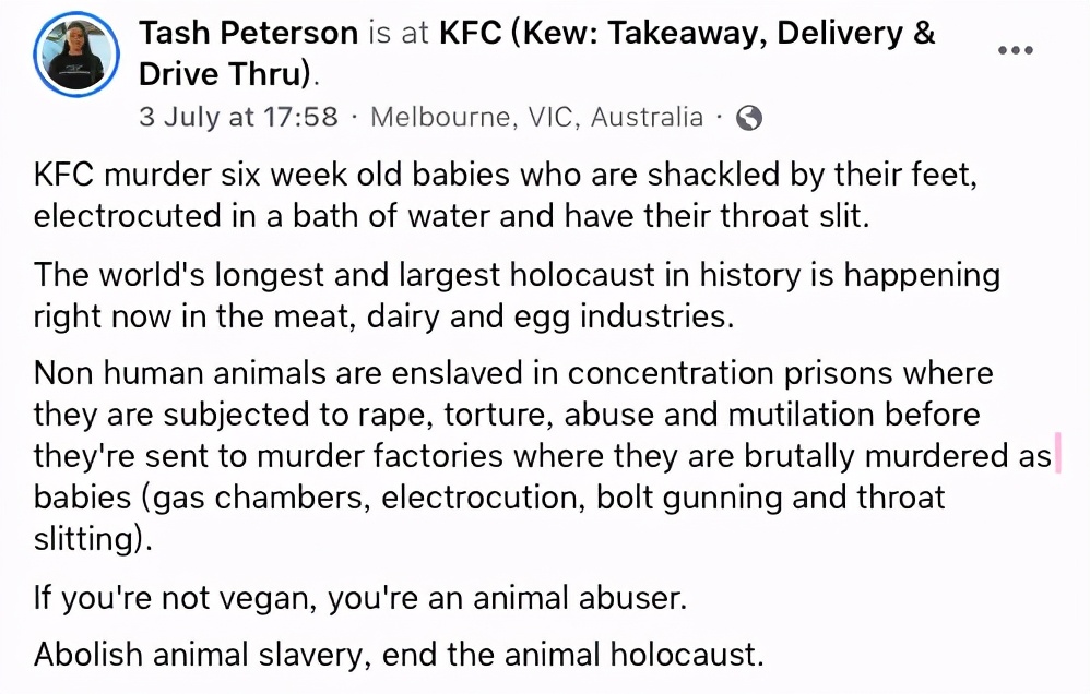 外国妹子冲进肯德基泼血怒吼：吃肉是大*杀屠**！网友们：有病？