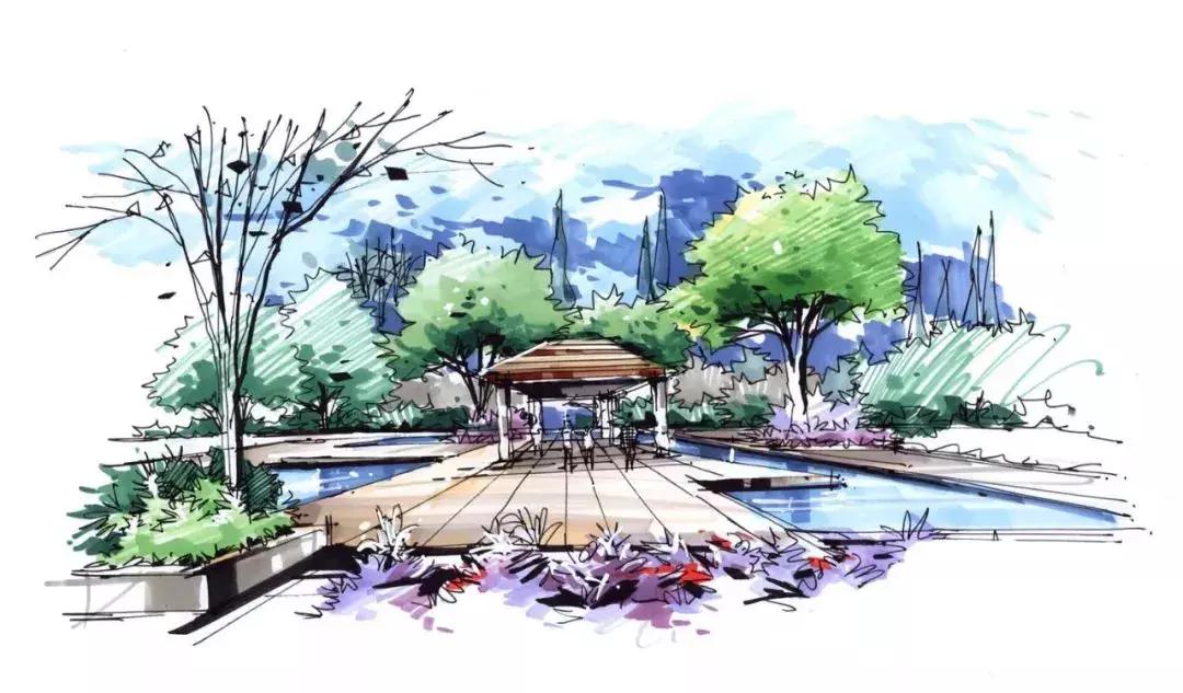 手绘效果图设计详解,干货五幅景观手绘效果图步骤图解