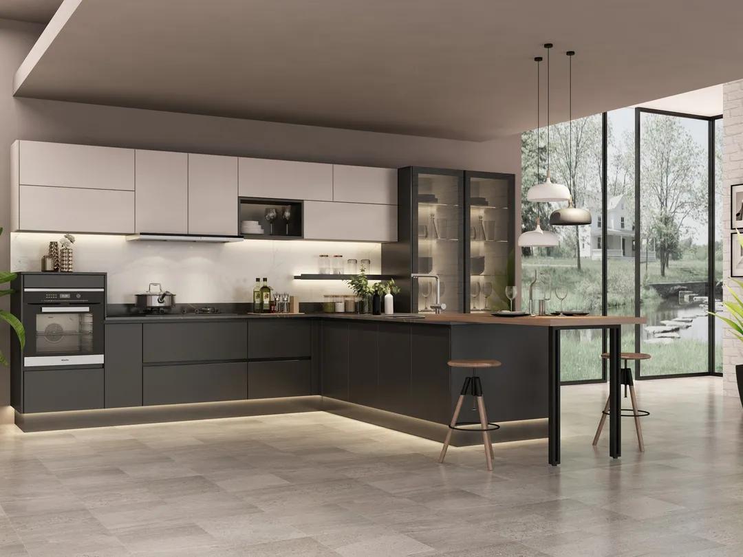 厨房直角吧台和推拉门一体效果图,厨房吧台极简设计效果图最新款