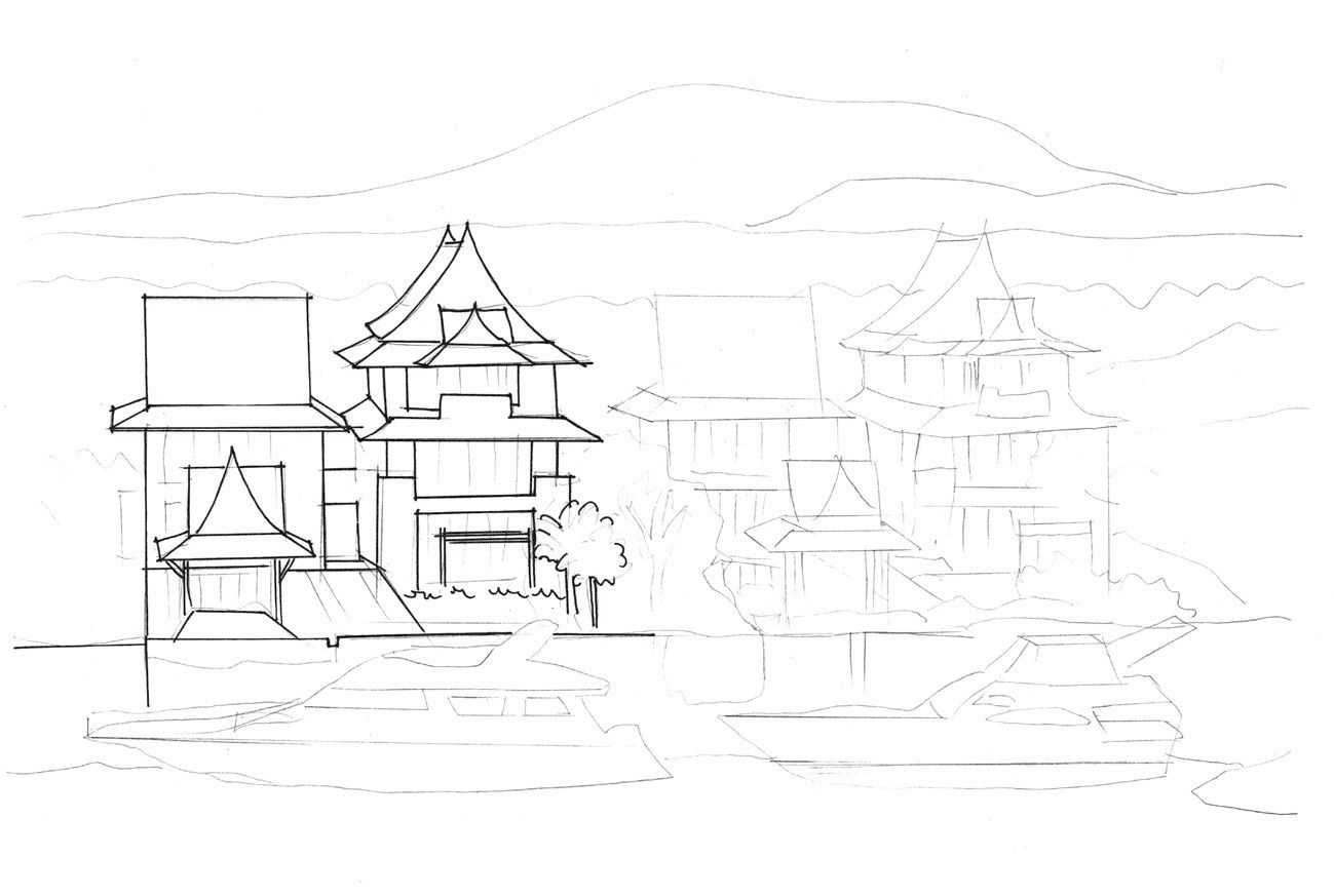 中国古代建筑手绘线稿步骤图,尺规手绘建筑平面图的绘制步骤