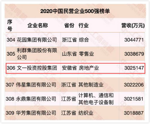 文一集团排名,安徽文一集团500强多少位
