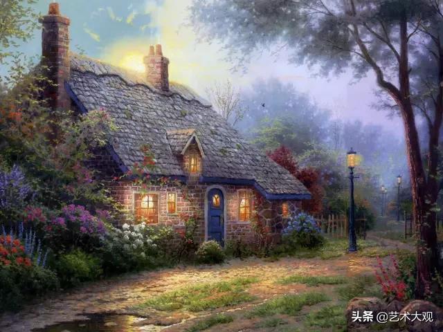美式欧式田园风光油画,童话里的小屋子绘画