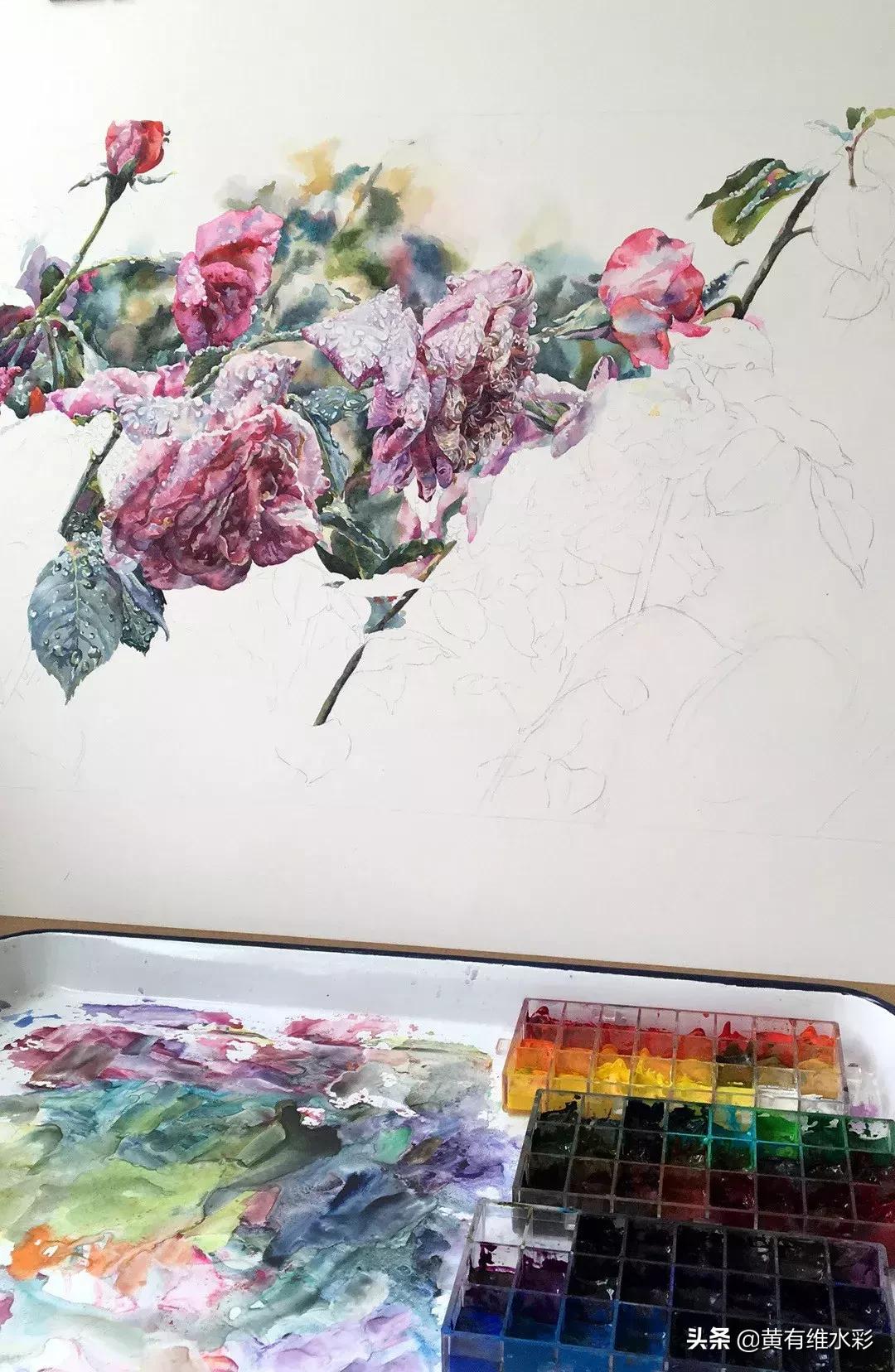 小清新水彩画玫瑰花,水彩画雨中玫瑰