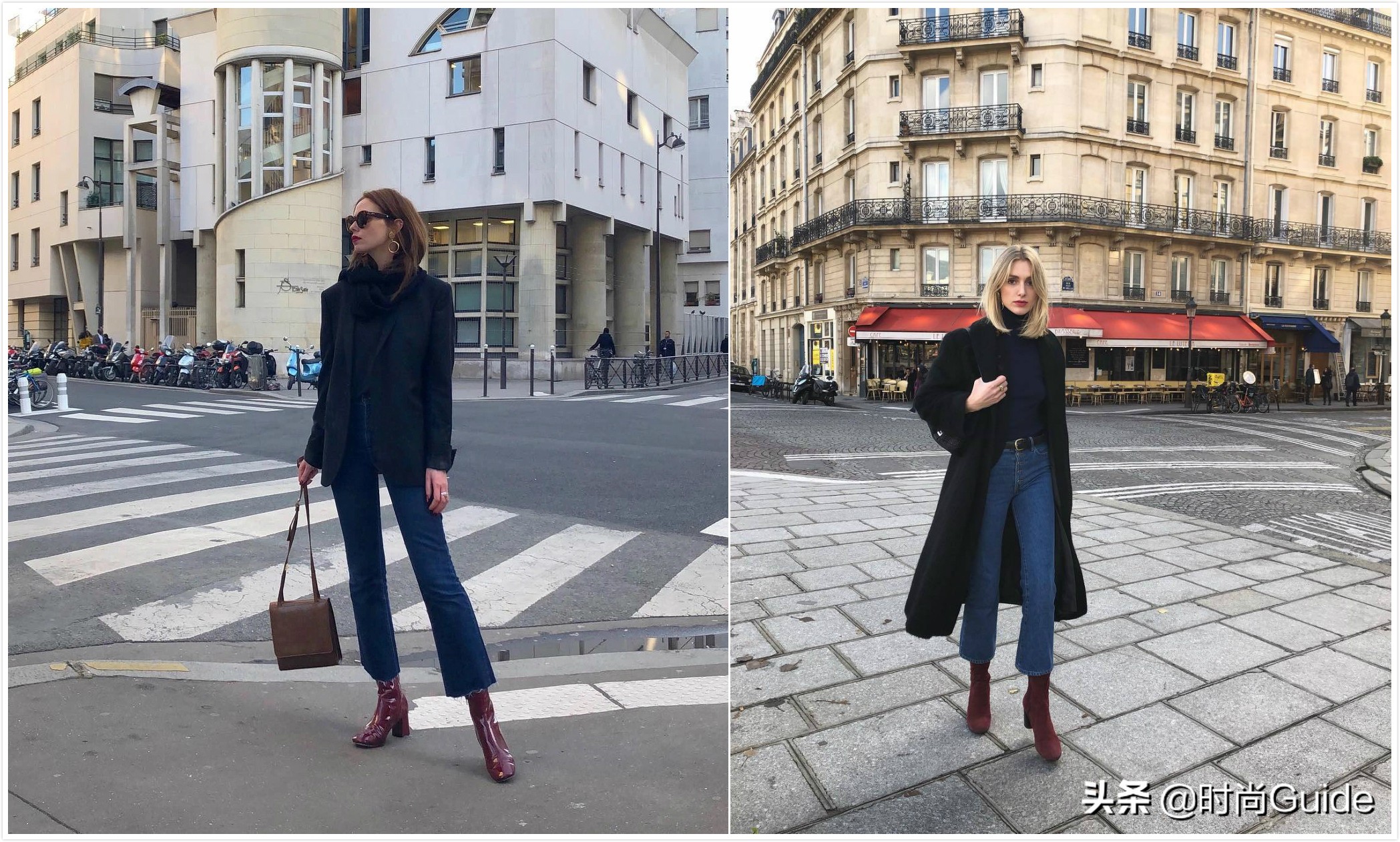 棕色靴子搭配红色小香风,复古深棕色和烟灰色靴子好搭吗