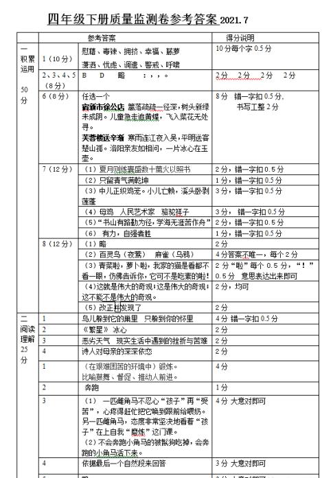 2021-2022四年级语文下册期末试卷,2020-2021四年级上册语文期末试卷