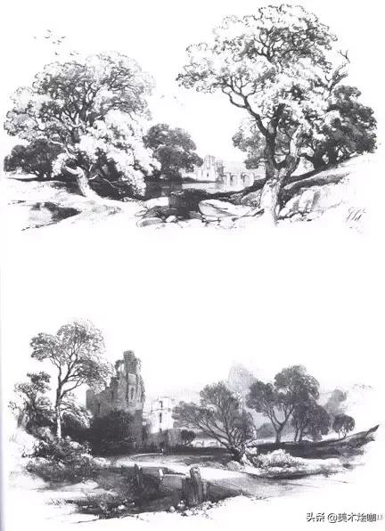 高清素描临摹风景图入门,素描画画教程7-12岁风景图