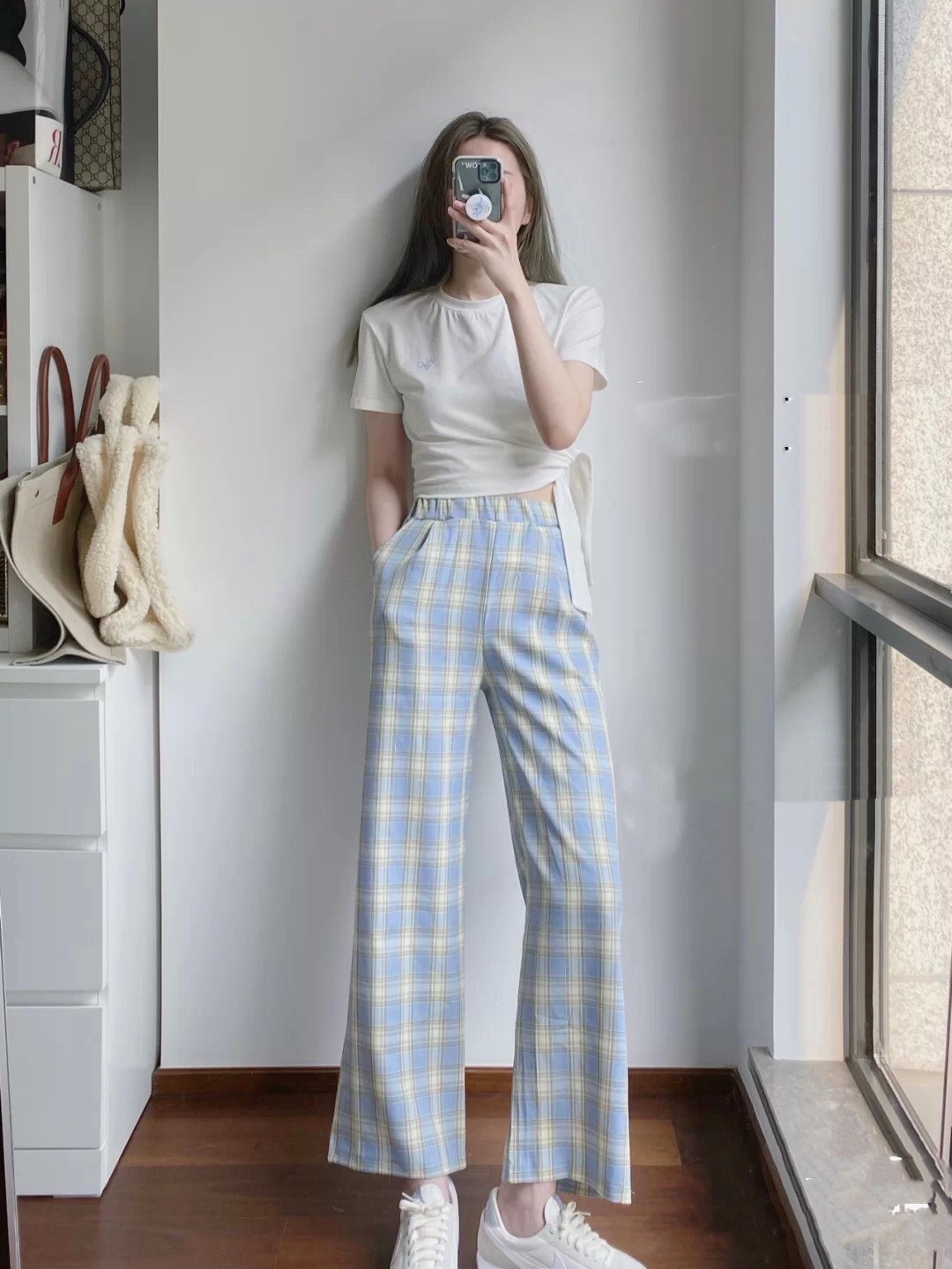 最近很火的格子裤夏天,宽松裤子慵懒风高级感格子裤