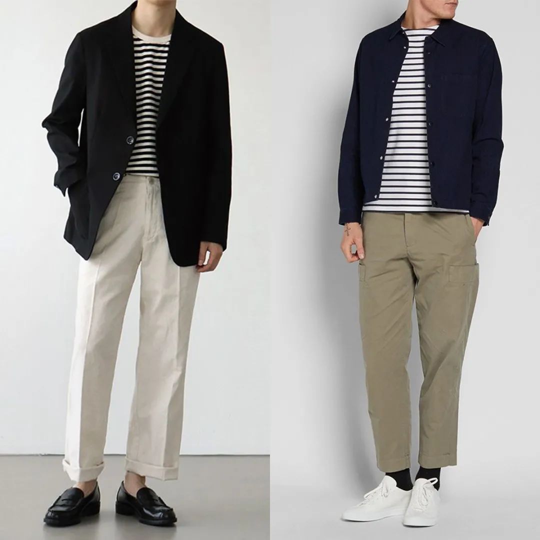上衣宽松文艺款男装搭配,潮流竖条纹外套男装搭配