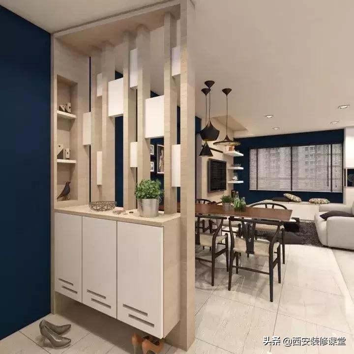 进门鞋柜设计右侧是餐厅隔断,红木鞋柜屏风隔断一体效果图