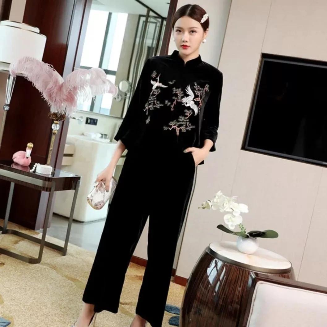 高档金丝绒旗袍套装最新款,冬款旗袍高端大气上档次超长款