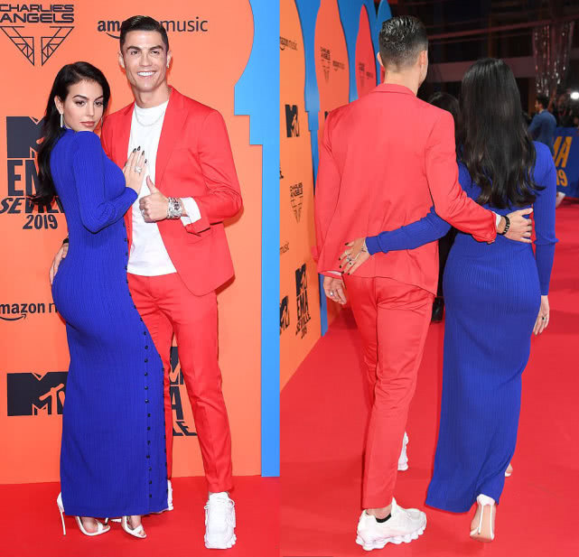 乔治娜最新出席活动红色长裙,乔治娜穿粉色裙子的时候照片