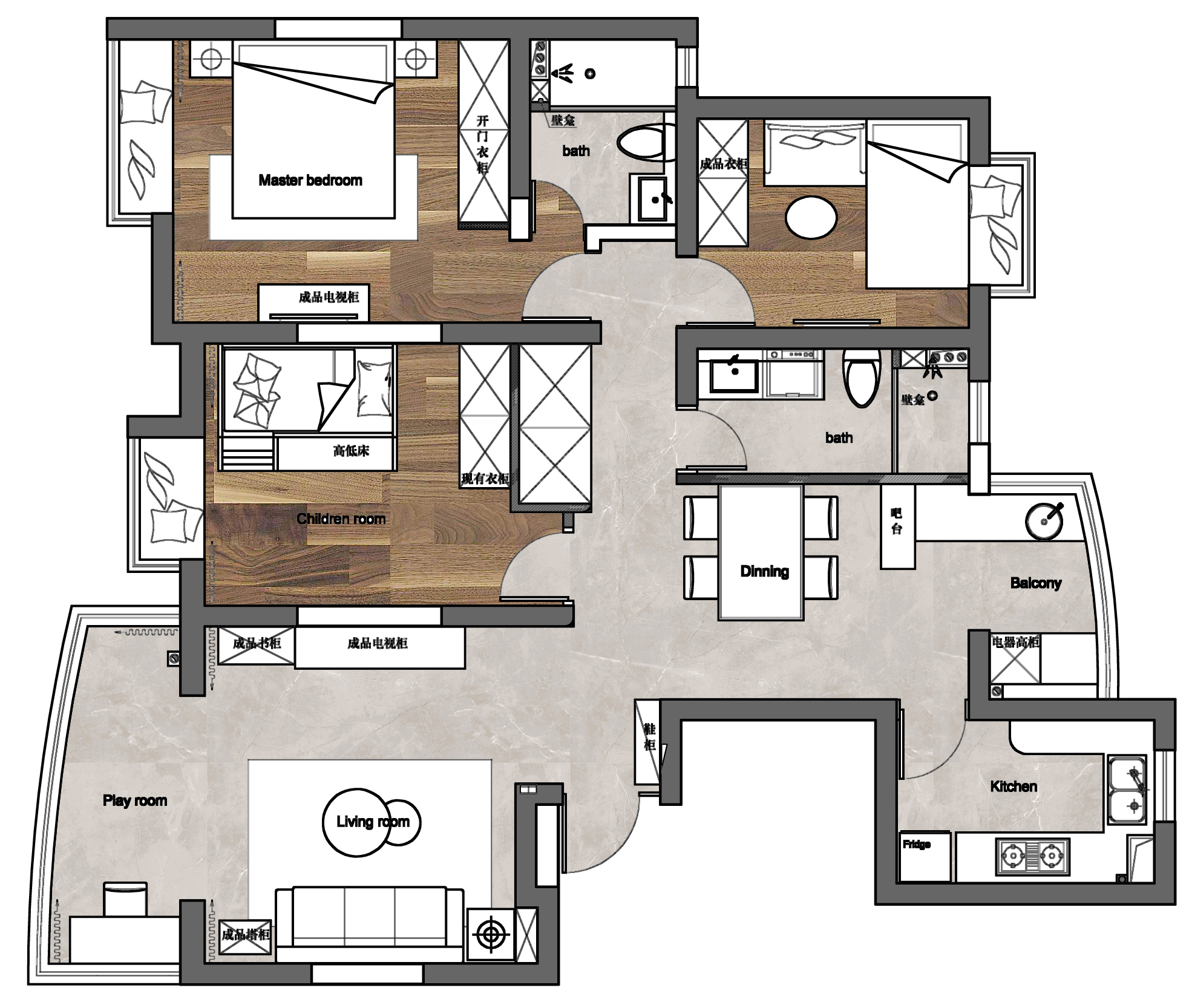 135平方米美式3房2厅精装修效果图,110平的美式风格三居清新优雅