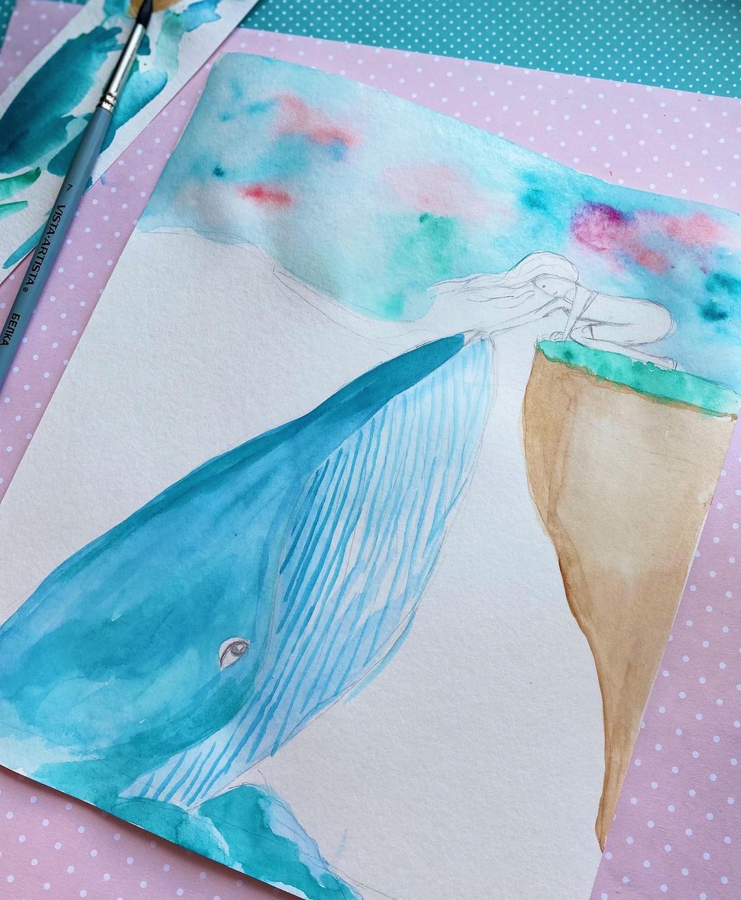 水彩画初学者鲸鱼云朵风景画,落日鲸鱼水彩画图片大全