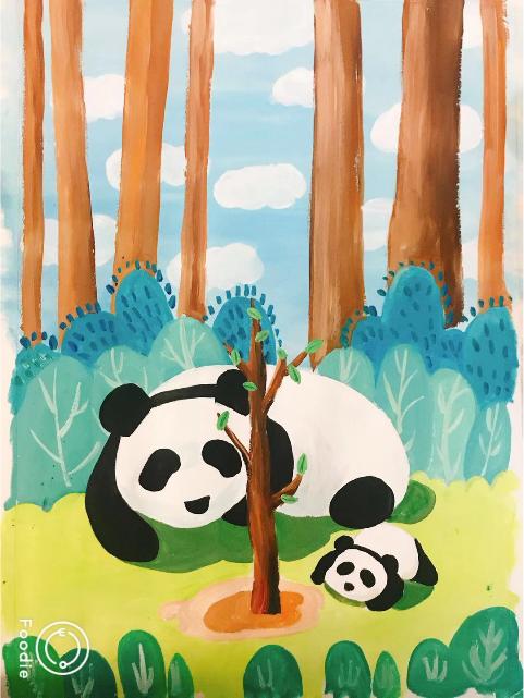 小熊美术水粉创意画,熊猫水粉画儿童画