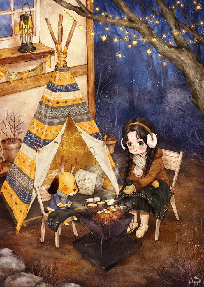 韩国插画师森林女孩日记图文,水彩插画森林女孩日记