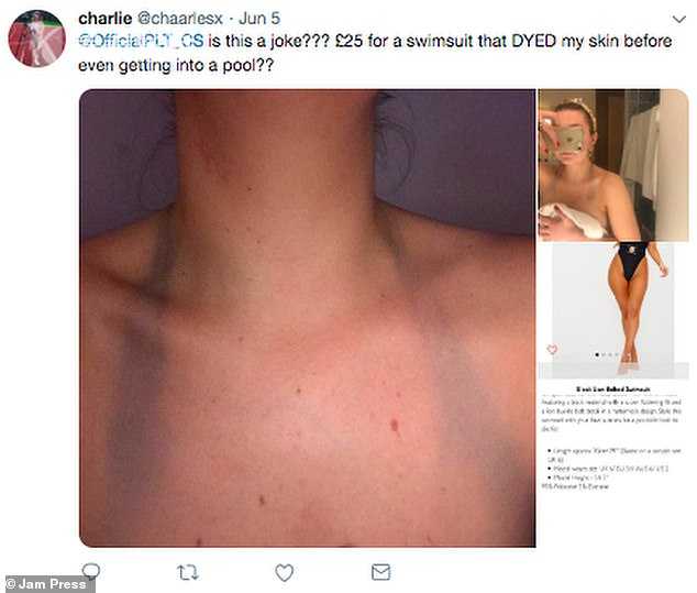 女子买了件黑色泳衣穿了10分钟还没下水胸部染出两条黑色印记