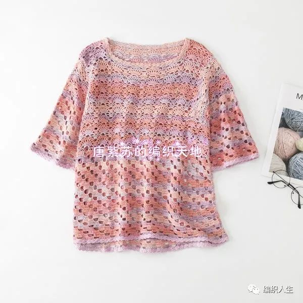 粉黛编织短袖视频教程,棒针镂空花罩衫图解