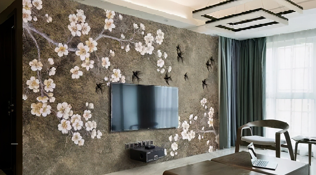 硅藻泥中式背景墙效果图客厅,硅藻泥电视背景墙新中式