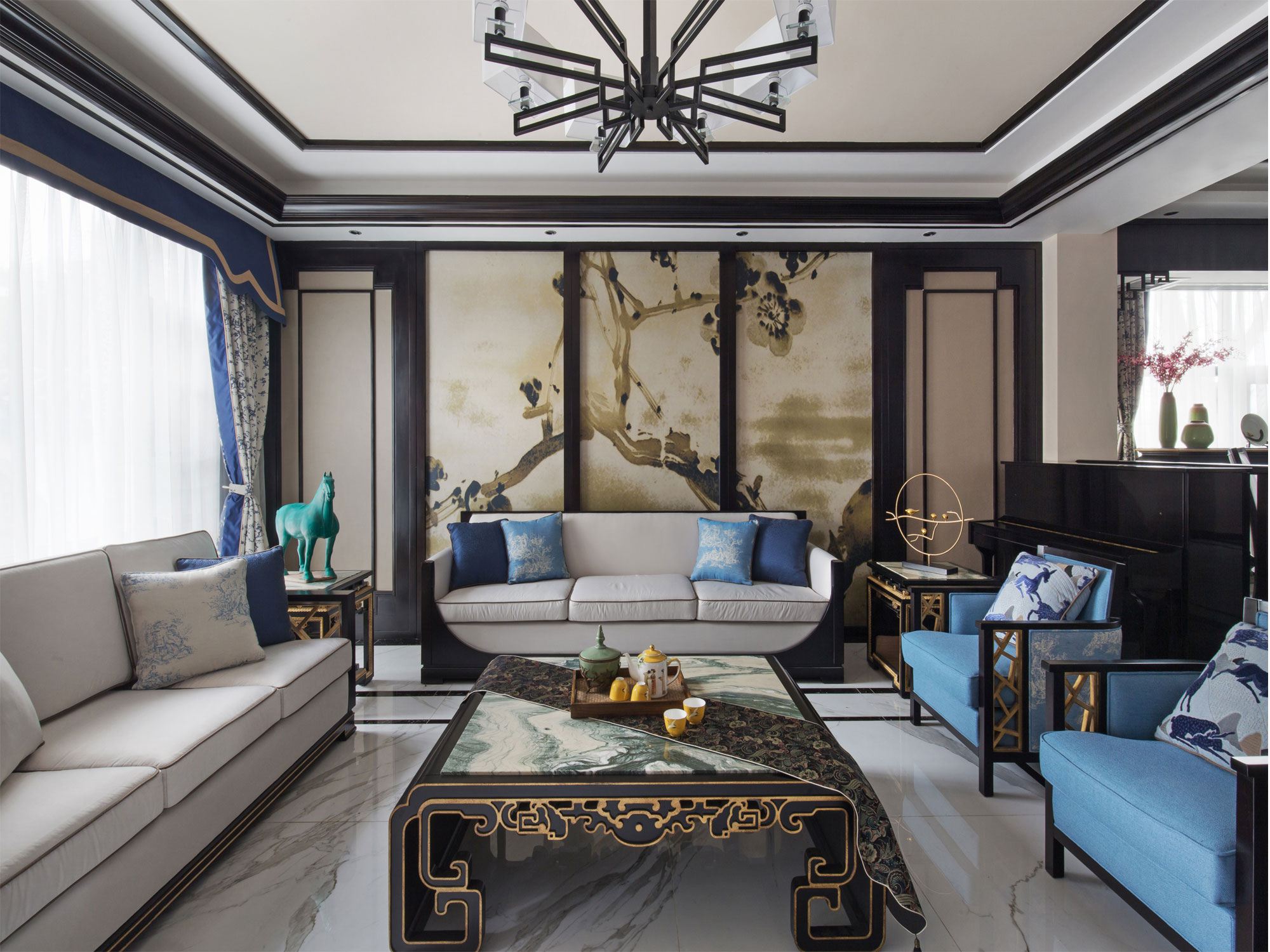 背景墙家装设计现代轻奢风客厅,禅意新中式厨房吊顶效果图