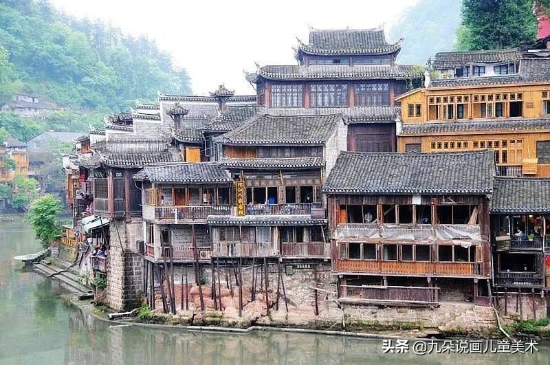 简单好看的手绘墙画儿童,创意儿童画苗族吊脚楼