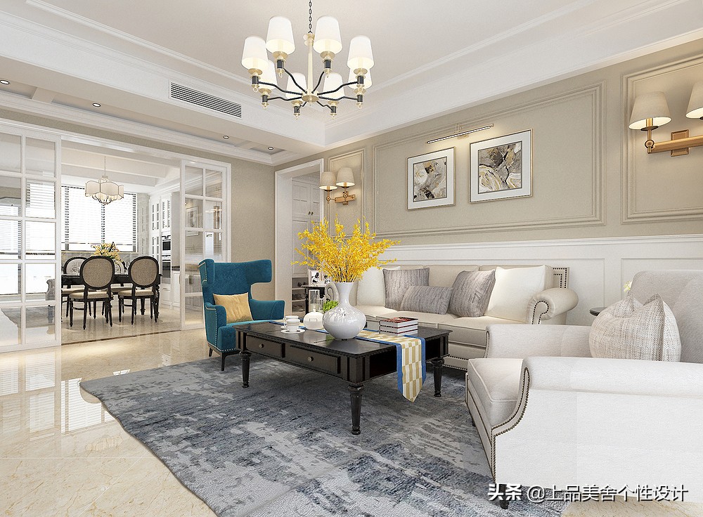 118平米美式风格，整面墙的电视柜大大提升了收纳空间