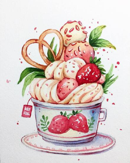 水彩森系小清新插画甜品,手绘治愈系甜品插画