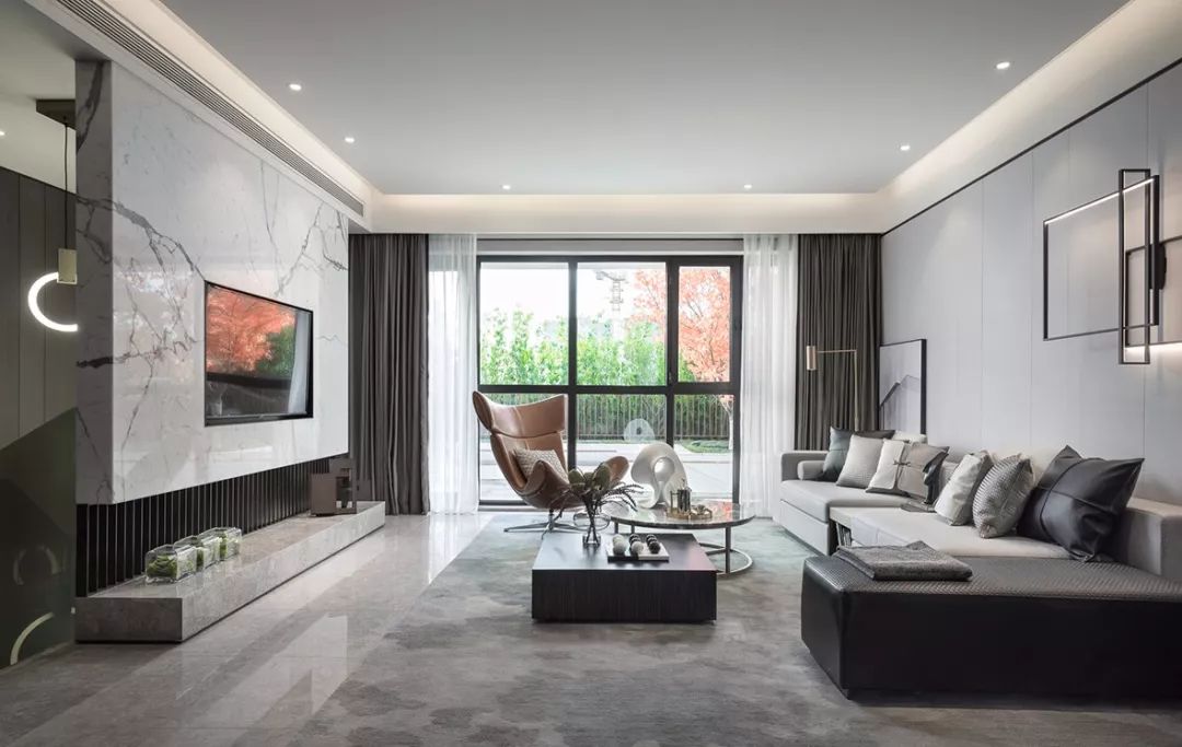 客厅大面积地砖深灰色铺贴效果图,客厅地砖简约铺贴图