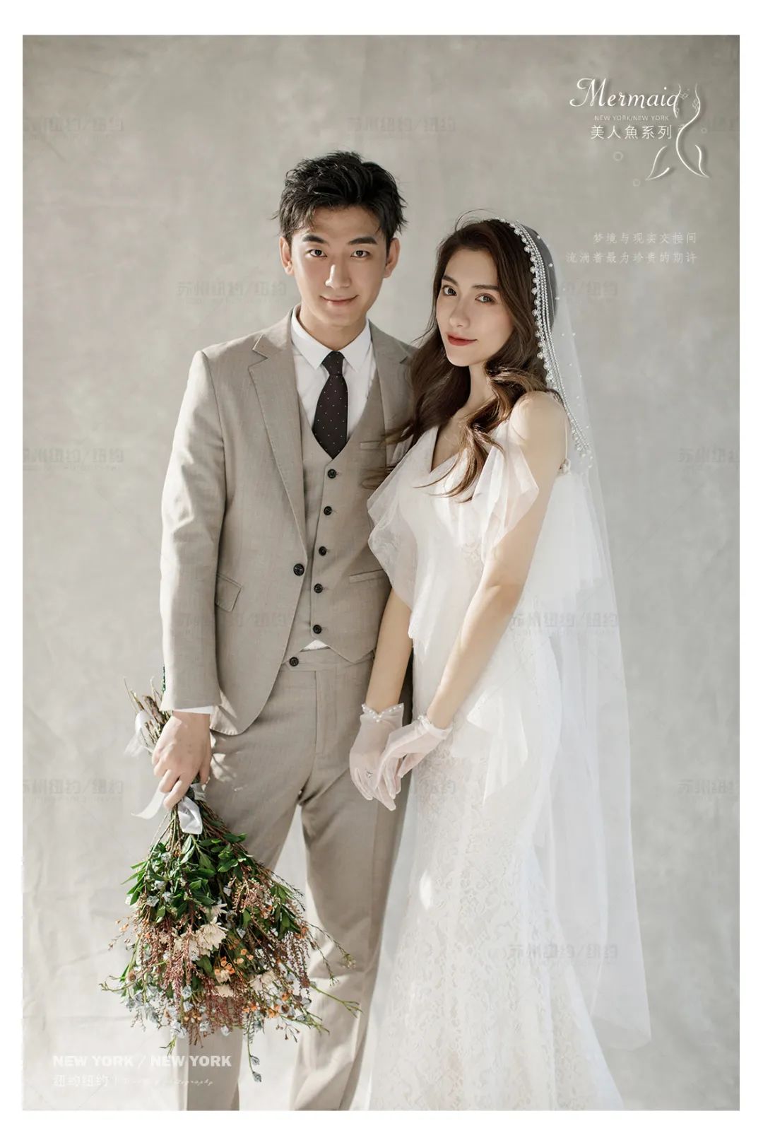 白色蝴蝶结油画婚纱照,森系油画风格婚纱照不戴帽子戴花