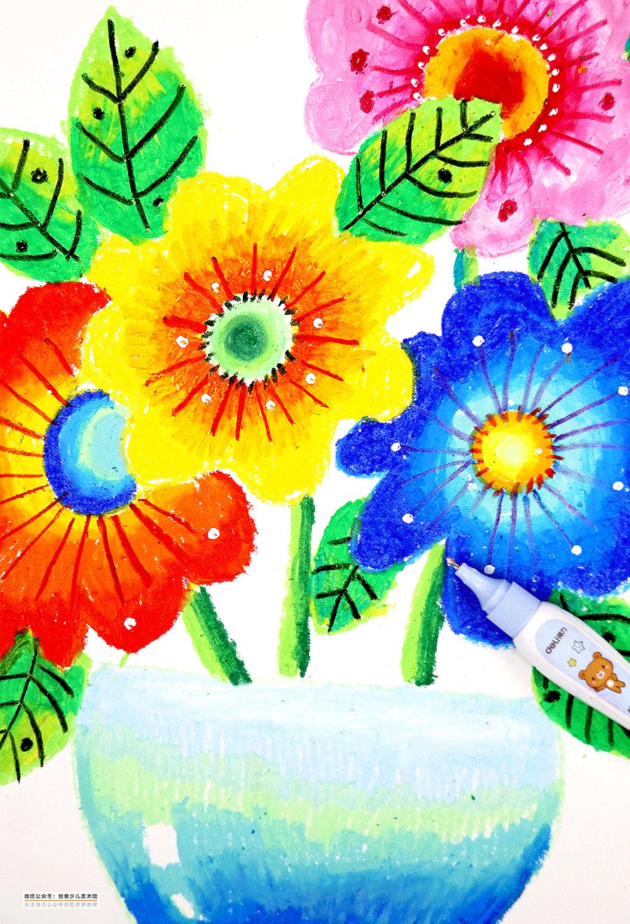 幼儿园油画棒画花朵简单漂亮,油画教程简单儿童画小女孩