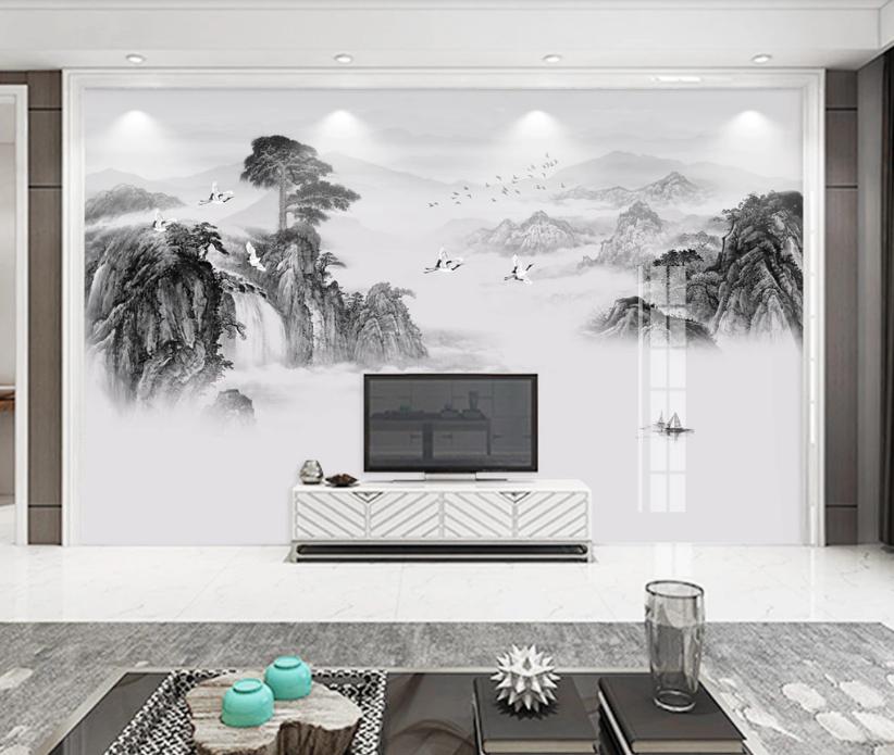 新中式石材背景墙效果图,新中式灰色瓷砖乳胶漆电视背景墙