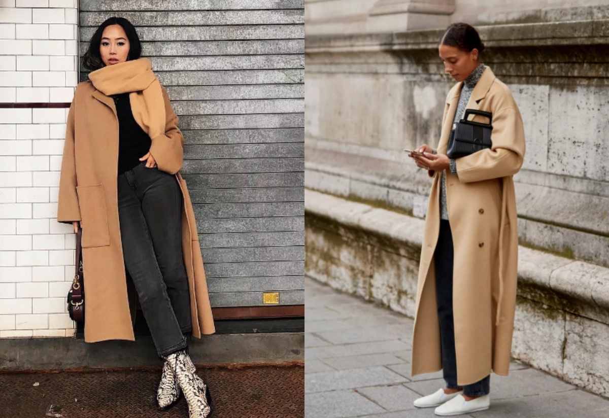 驼色大衣配黑色微喇裤,驼色大衣搭配黑色工装裤