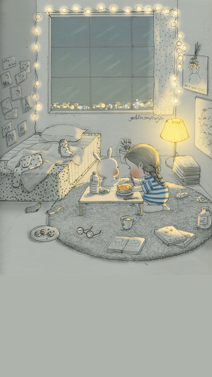 少女与兔子插画,兔子手绘创意插画