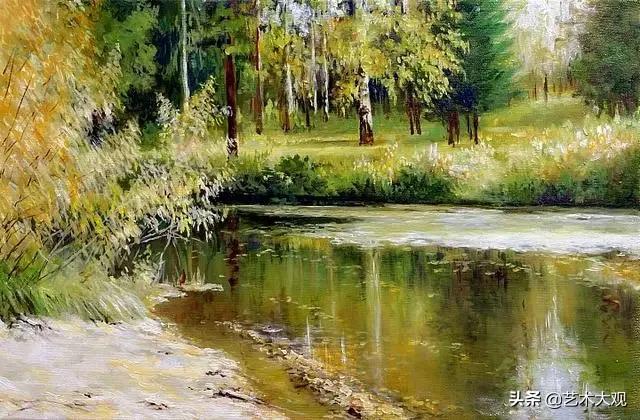 美丽又简单的远山倒影油画,风景优美的小河油画