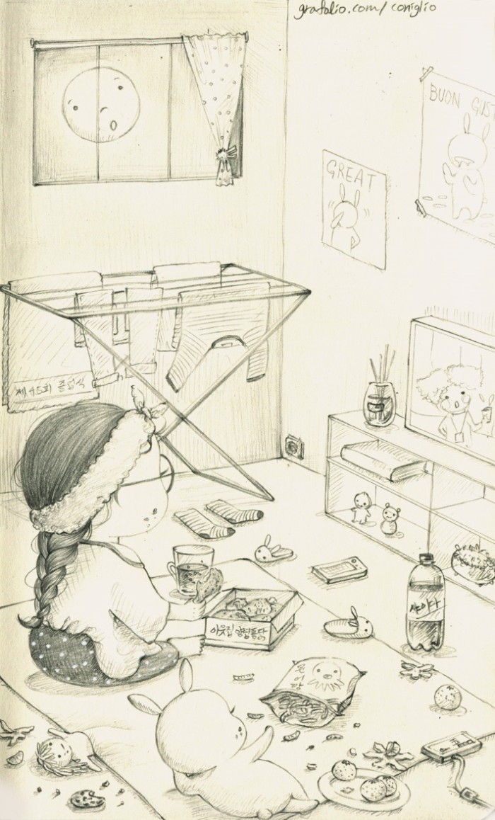 少女与兔子插画,兔子手绘创意插画