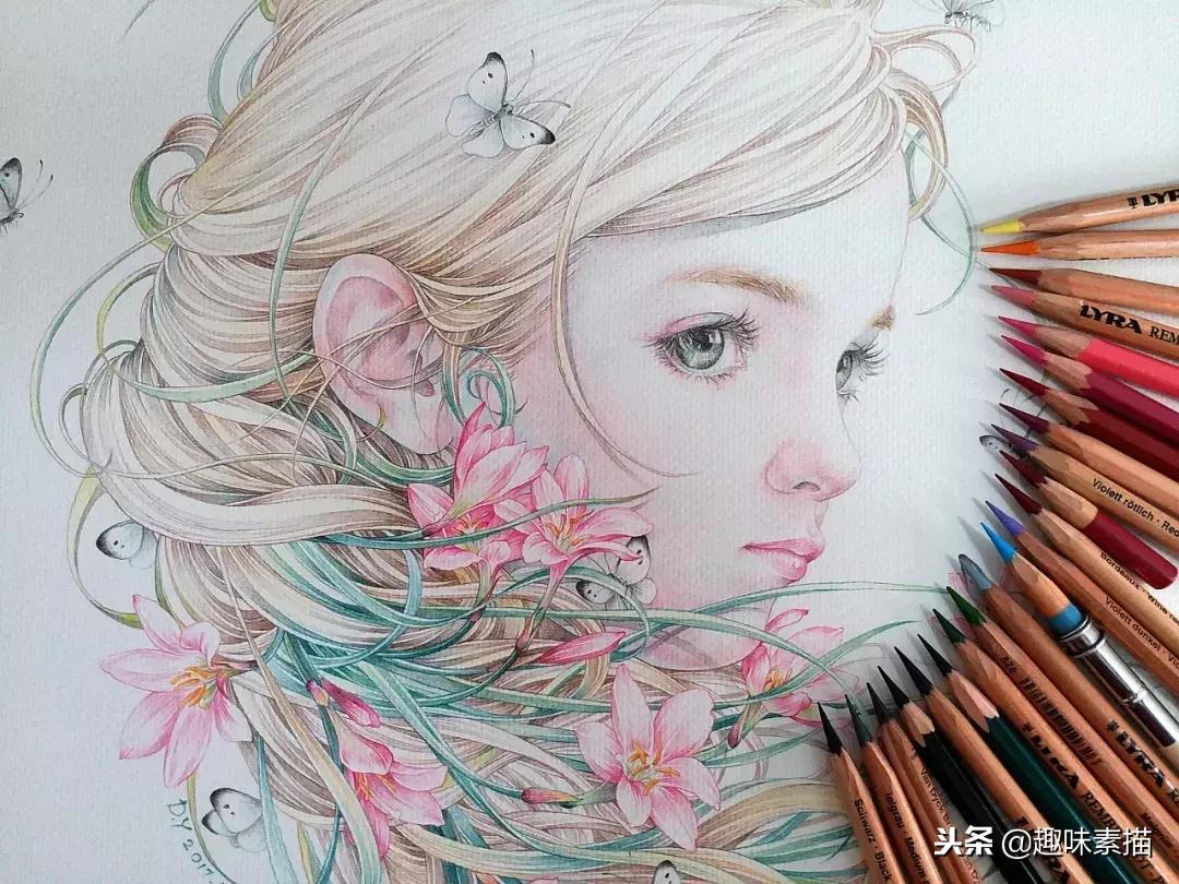 超精细彩铅人像素描,简单又漂亮的彩铅插画