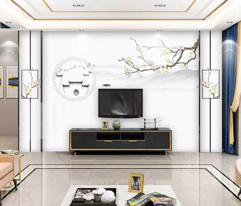 新中式石材背景墙效果图,新中式灰色瓷砖乳胶漆电视背景墙